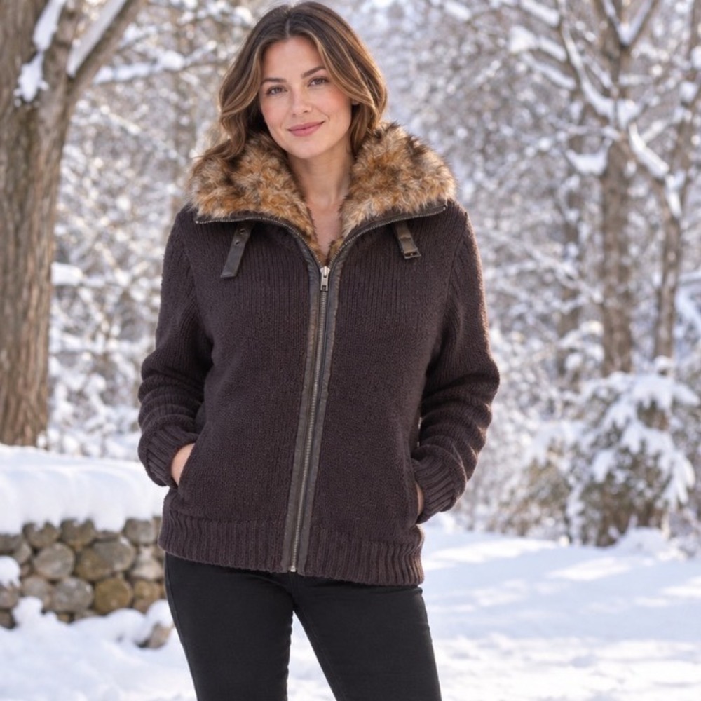 Orvis Womens Faux Fur Lined Knit Cardigan Jacket Brown Full Zip Sweater Large